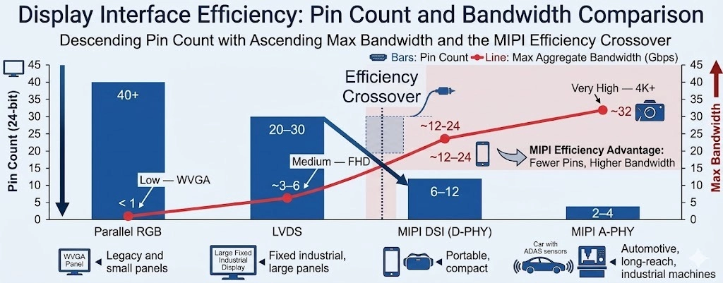 Chart comparing display interfaces: pin count (bar) descending from Parallel RGB to MIPI A-PHY; bandwidth (line) ascending. Crossover shows MIPI DSI and A-PHY deliver higher bandwidth with fewer pins.