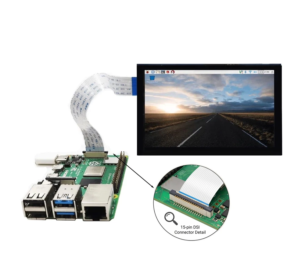 Raspberry Pi 4 connected to a 5-inch MIPI DSI TFT LCD touchscreen via FPC cable