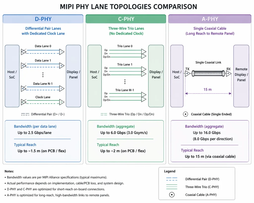 D-PHY vs C-PHY vs A-PHY Topology Comparison