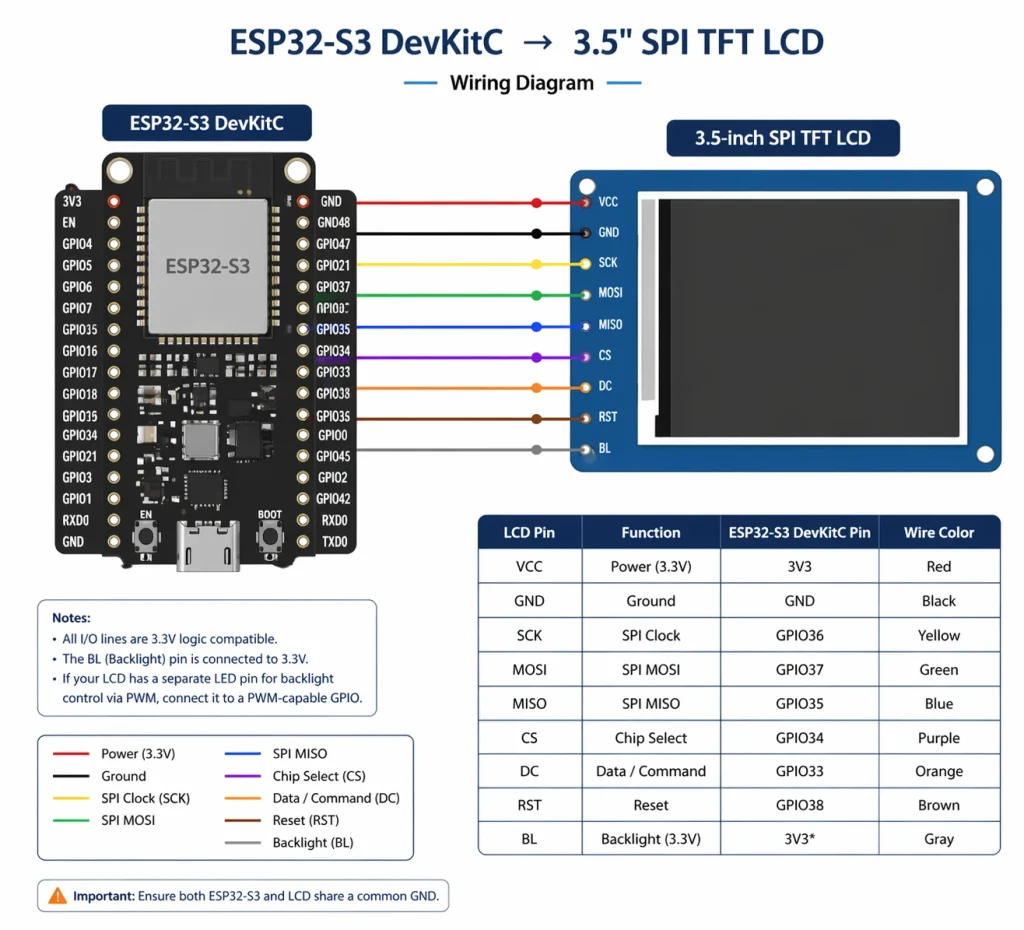ESP32-S3 development board wired to a 3.5-inch SPI TFT LCD module