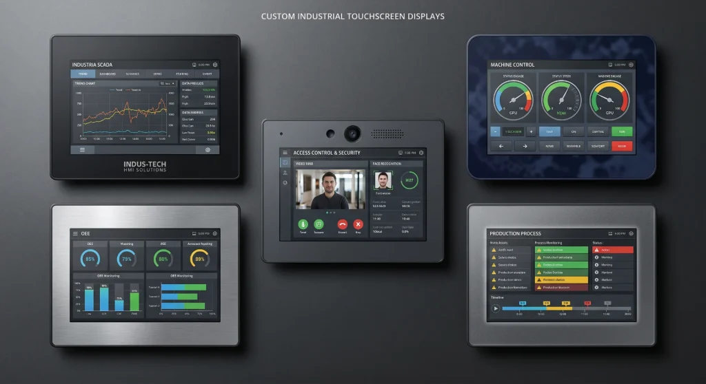 Custom industrial touchscreen displays with different cover glass shapes colors logos and surface finishes