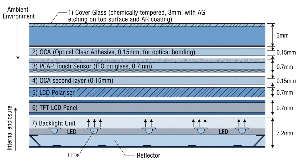 Outdoor industrial display cover glass stack with optical bonding, PCAP touch sensor and LCD layers