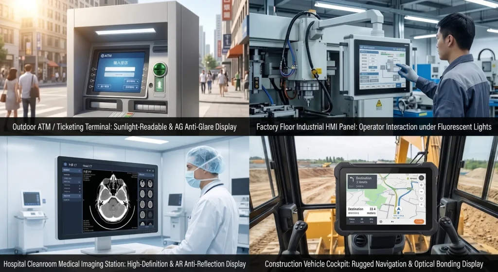 Industrial display surface treatment applications for outdoor kiosk factory HMI medical AR and vehicle dashboard