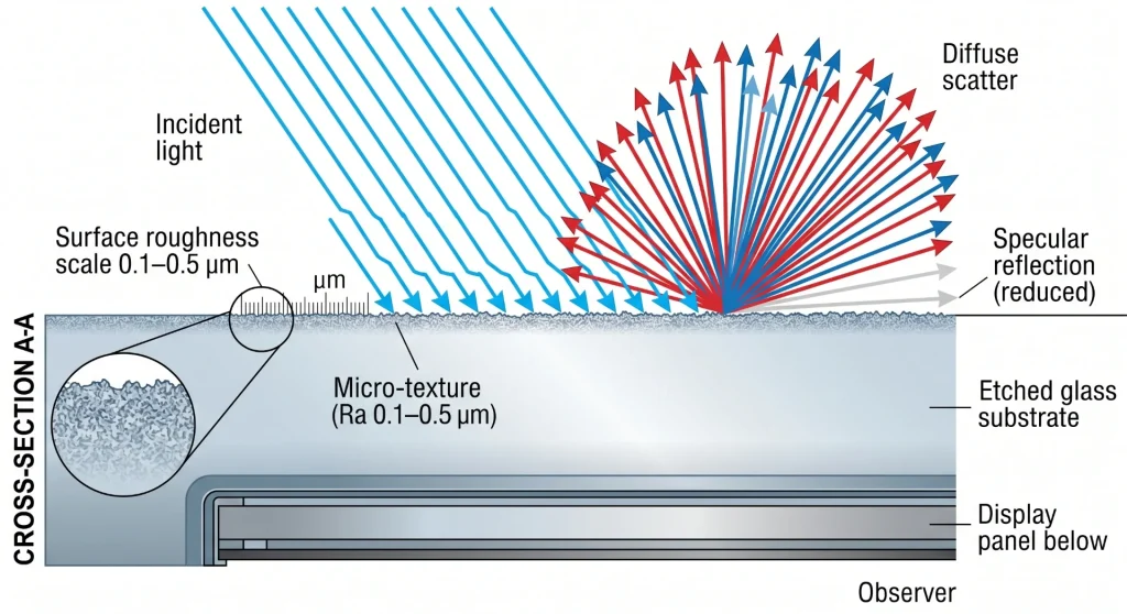 Anti-glare etched glass micro-texture scattering light cross-section diagram