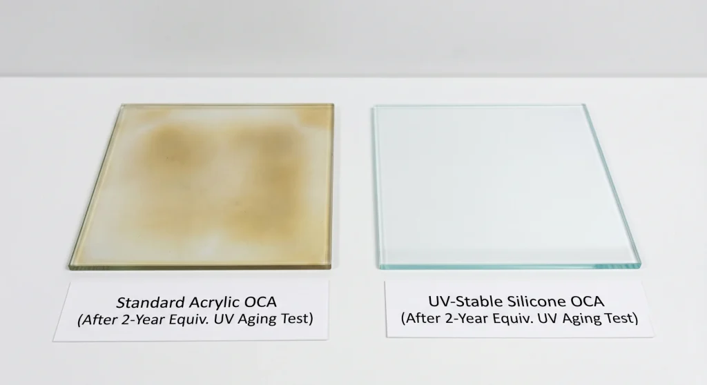 UV aging comparison of standard OCA adhesive and UV-stable optical bonding adhesive