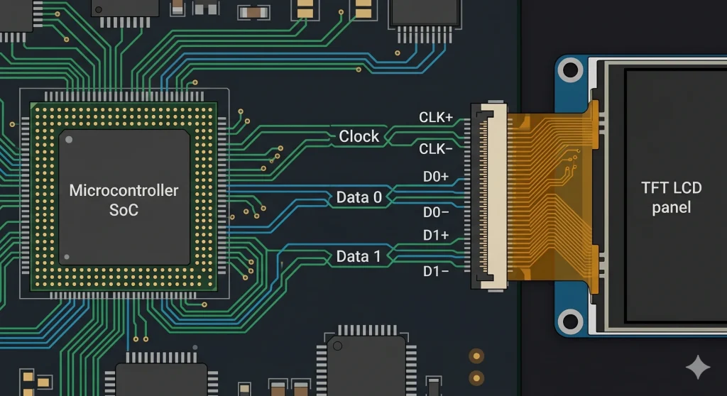 MIPI DSI serial interface diagram showing D-PHY differential lanes (CLK, D0, D1) connecting microcontroller SoC to TFT LCD display over PCB traces, embedded electronics communication illustration