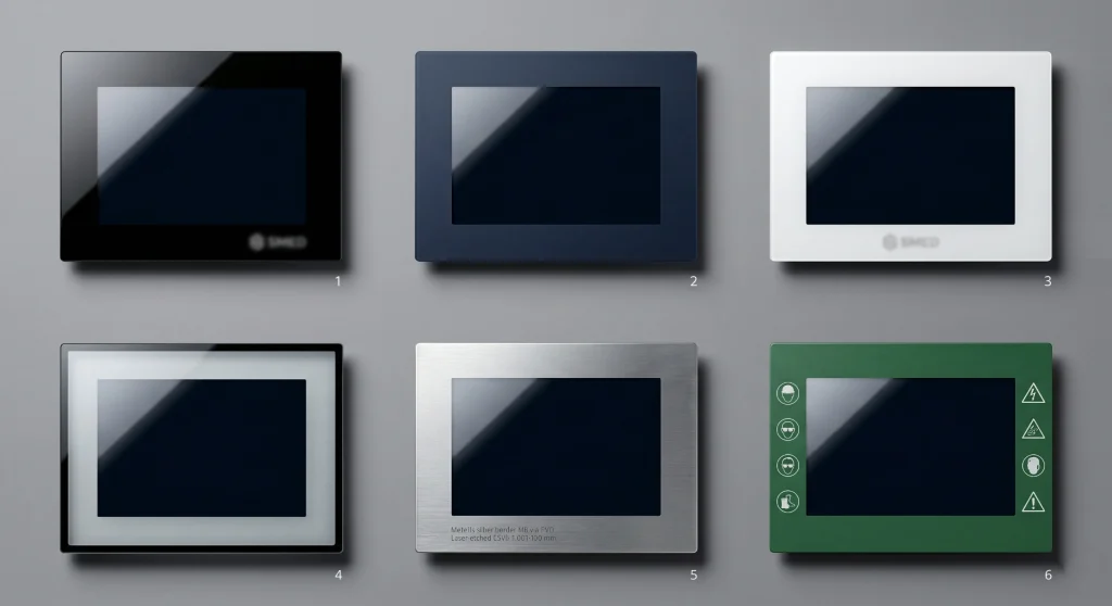 Cover glass colour and surface finish variations including matte gloss frosted metallic and custom border designs
