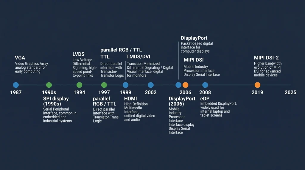 Display interface evolution timeline showing VGA, SPI, LVDS, RGB, HDMI, DisplayPort, MIPI DSI and eDP milestones