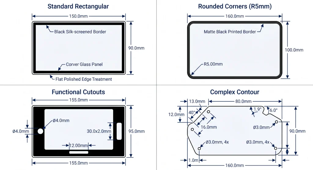 Cover glass shape customisation examples with rounded corners camera cutouts speaker slots and complex contours