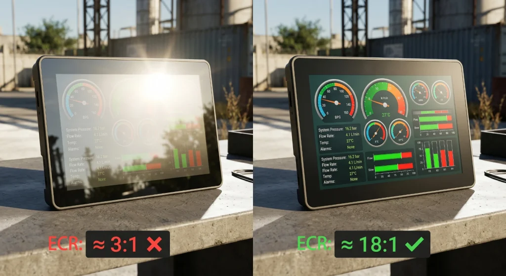 Direct sunlight display comparison showing glossy cover glass versus optical bonding and anti-glare coating