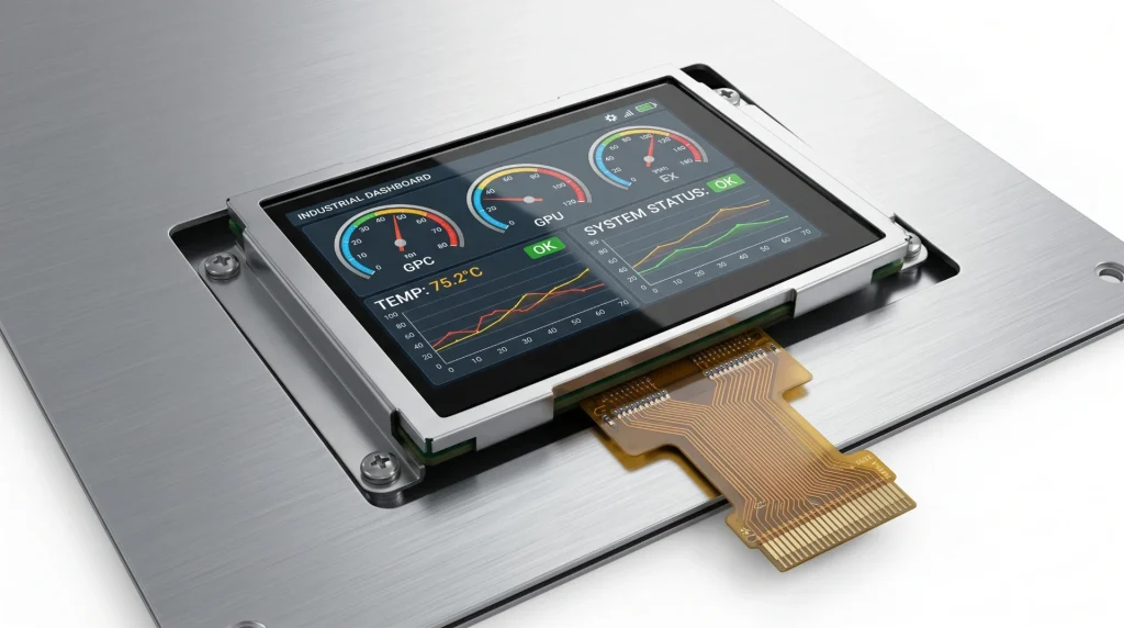 AMOLED embedded display module showing an industrial dashboard UI in an enclosure