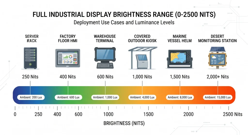 Industrial display brightness spectrum from indoor HMI to extreme outdoor terminals