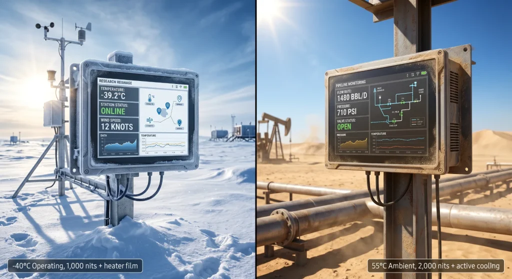Extreme environment industrial displays comparing arctic 1000 nits heater film and desert 2000 nits active cooling