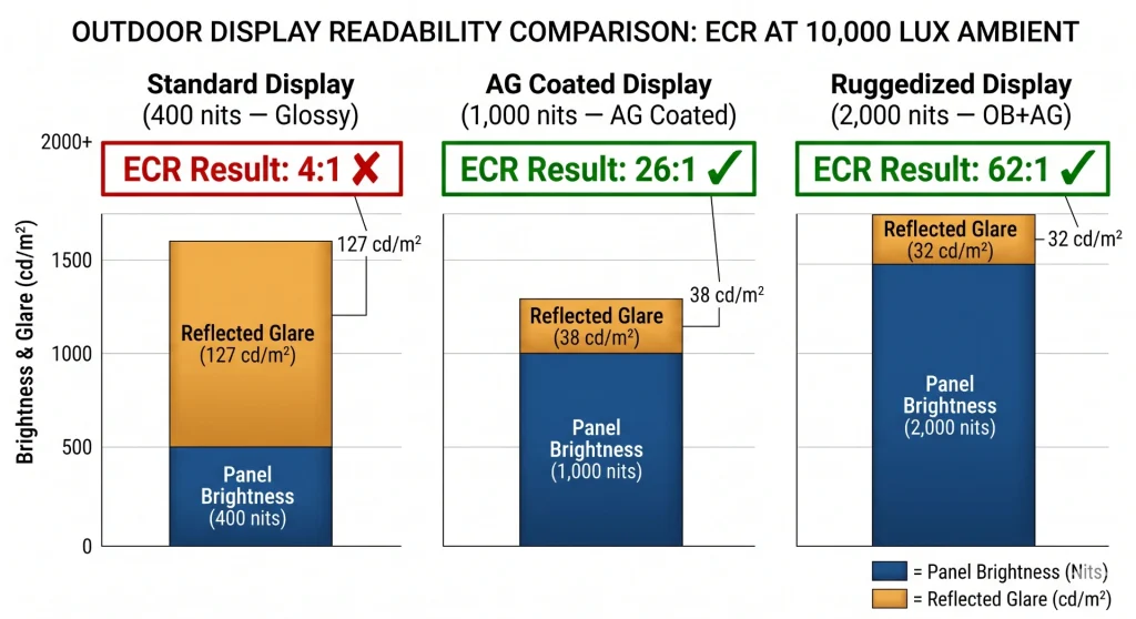 Effective contrast ratio comparison for 400 nits glossy, 1000 nits anti-glare and 2000 nits optically bonded displays