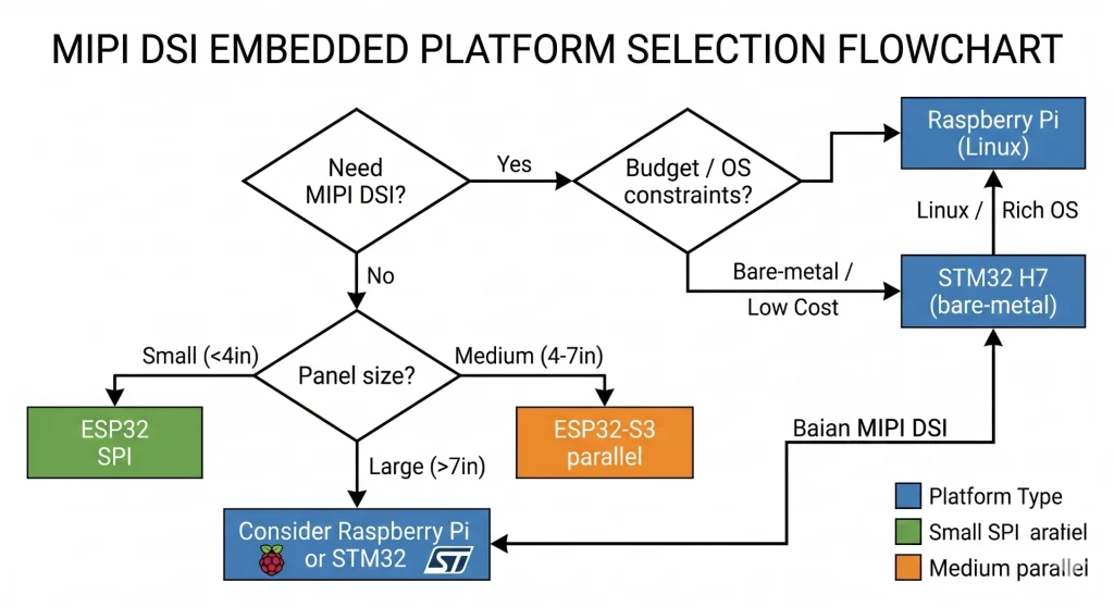 MIPI display platform selection flowchart for STM32, Raspberry Pi and ESP32