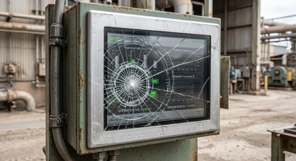 Cracked outdoor industrial HMI cover glass showing impact damage and field failure risk