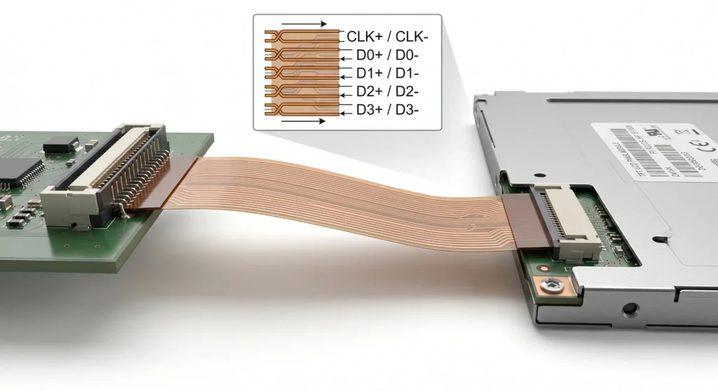 LVDS display cable assembly with differential pairs between PCB connector and TFT LCD panel