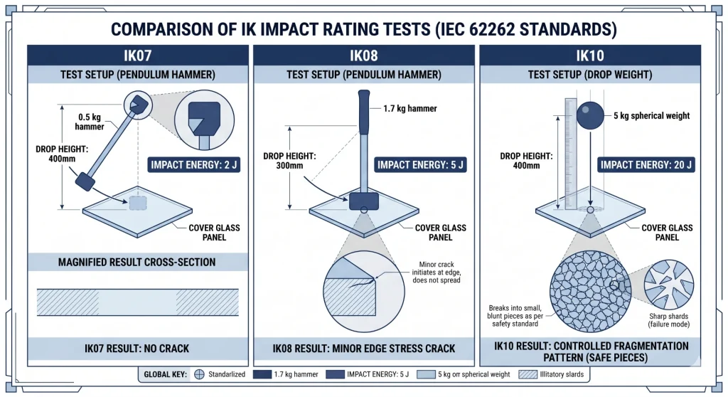 IK07 IK08 and IK10 impact rating test comparison for industrial display cover glass