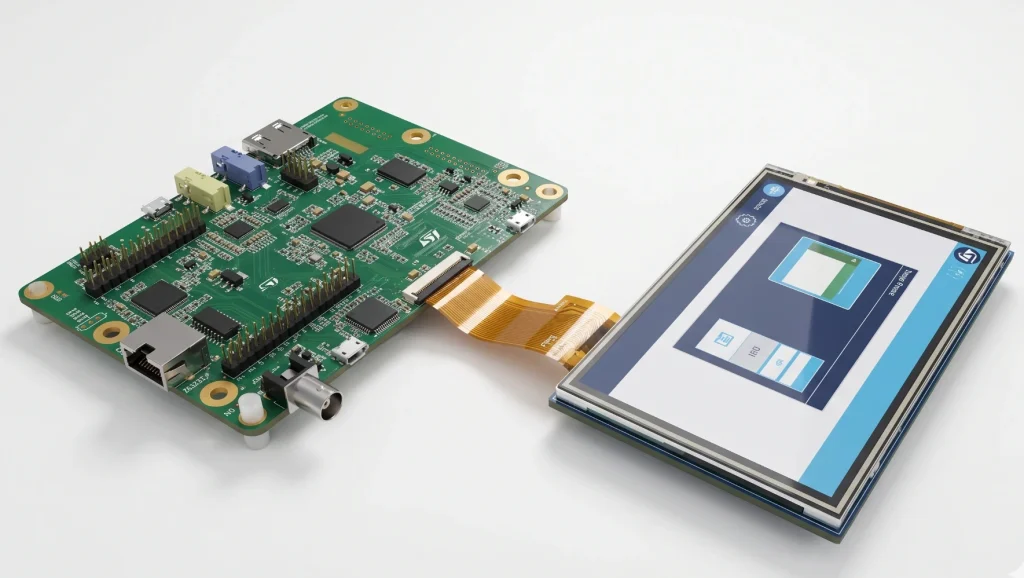 STM32H747I-DISCO board connected to a 4-inch MIPI DSI TFT LCD display