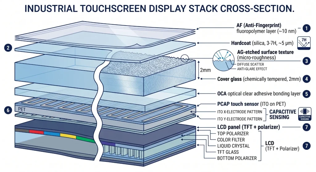 Industrial touchscreen display stack with AF hardcoat AG OCA PCAP and LCD layers