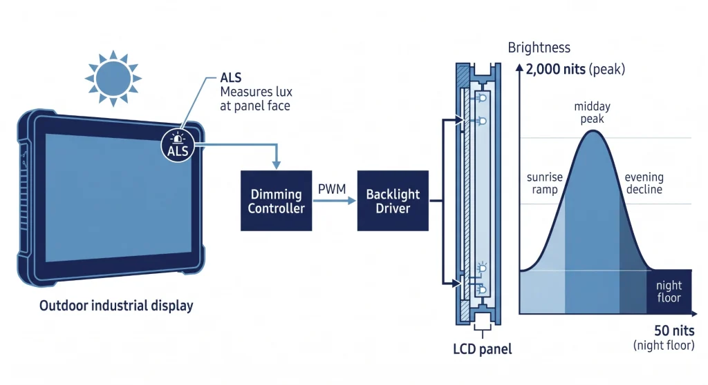 Adaptive dimming system diagram for outdoor industrial display with ambient light sensor and PWM backlight control