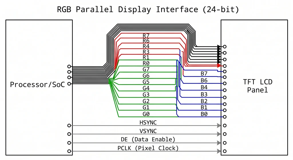 RGB parallel display interface wiring diagram between embedded processor and TFT LCD panel