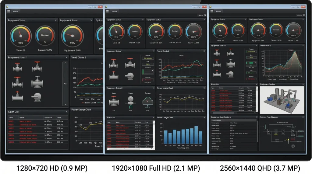 Industrial SCADA dashboard comparison showing 720p vs 1080p vs QHD resolution detail