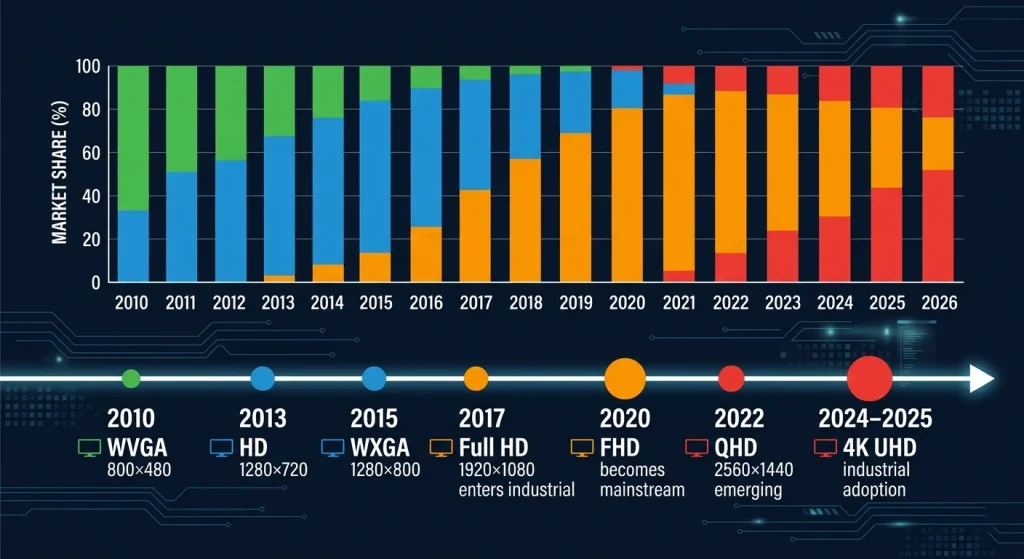 Industrial display resolution roadmap timeline from WVGA and HD to Full HD, QHD and 4K UHD