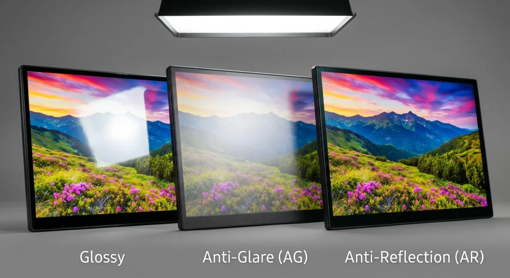 Glossy vs anti-glare vs anti-reflection industrial display surfaces under direct light