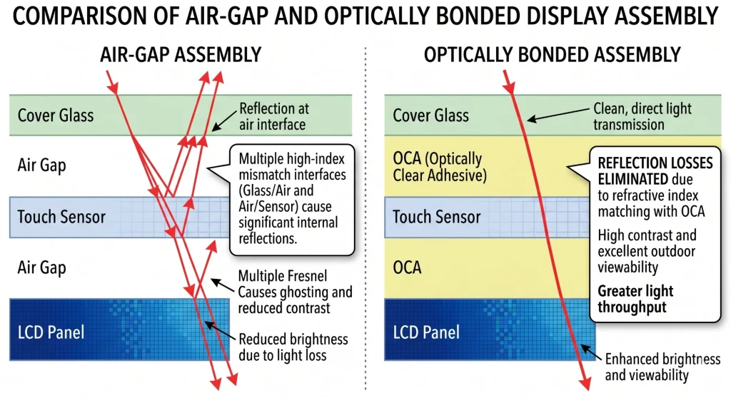 Air-gap vs optically bonded display structure showing reflection losses eliminated by OCA optical bonding