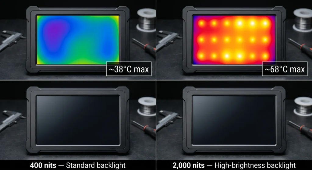 Thermal comparison of 400 nits and 2000 nits industrial TFT LCD panels