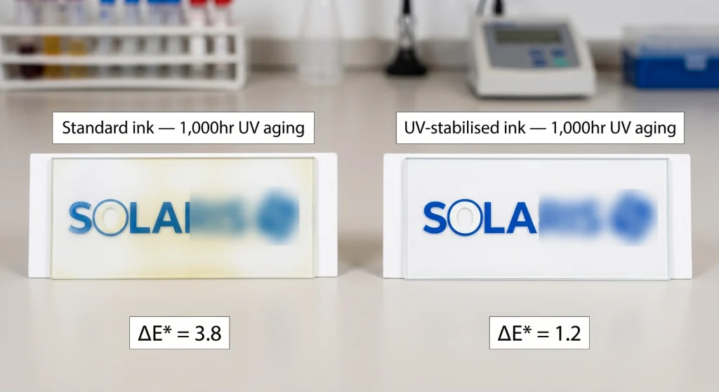 UV aging comparison of standard ink and UV-stabilised logo printing on custom cover glass