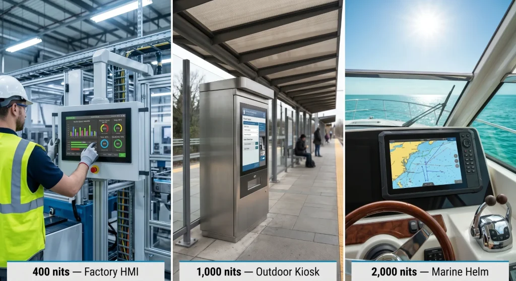 Industrial display application brightness scenarios showing 400 nits factory HMI, 1000 nits outdoor kiosk and 2000 nits marine helm