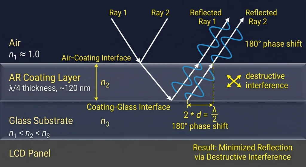 Anti-reflection coating thin-film destructive interference diagram for LCD glass