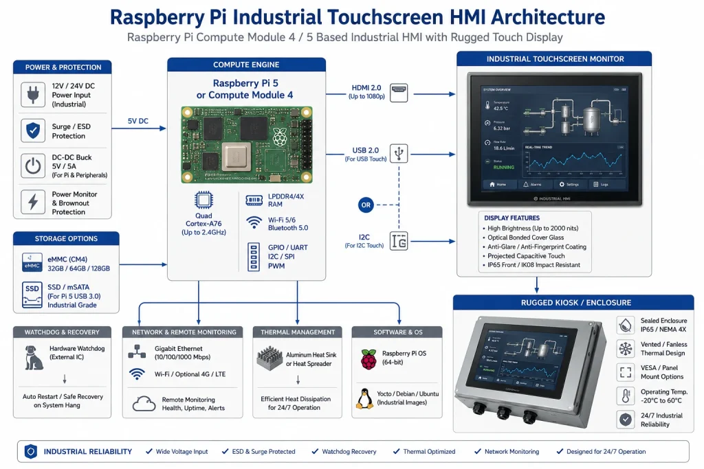 technical architecture Raspberry Pi Compute Module Raspberry Pi 5 connected to industrial touchscreen monitor