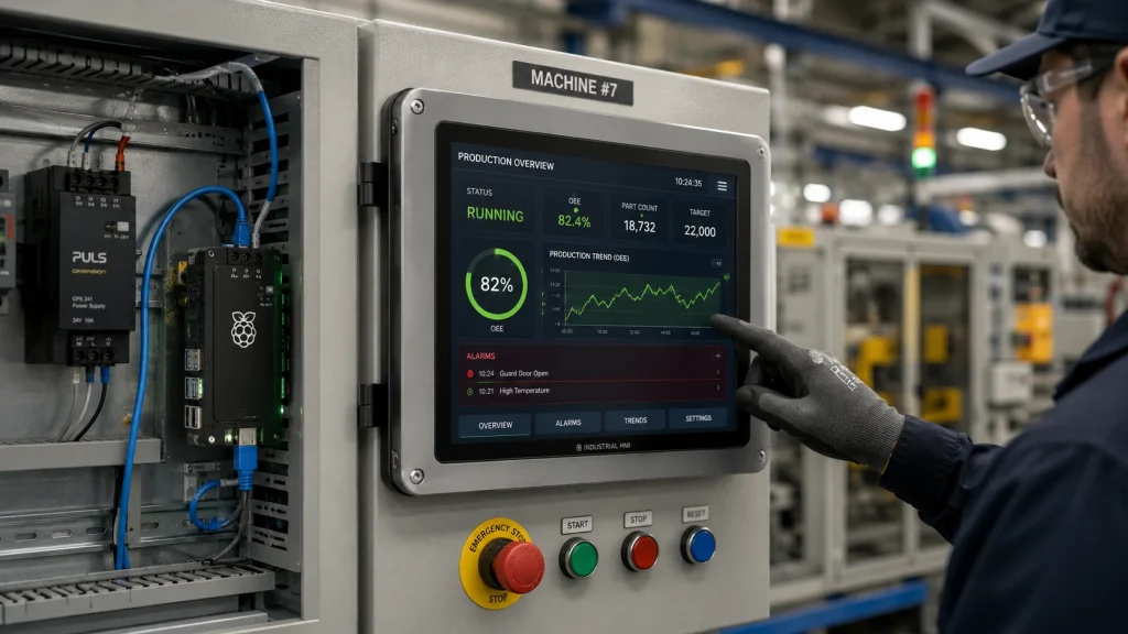 photorealistic industrial scene rugged Raspberry Pi based touchscreen HMI mounted on factory machine cabinet