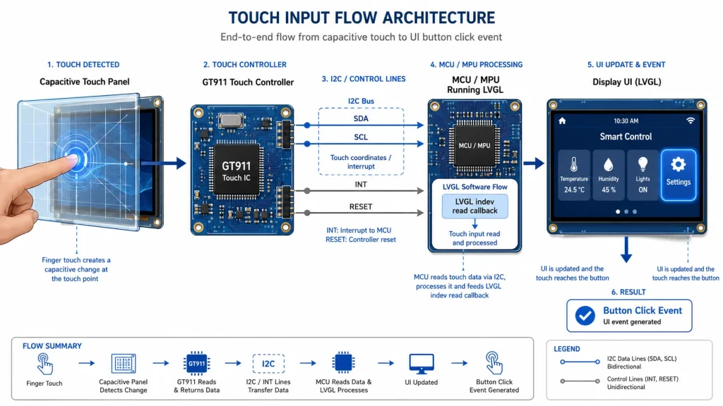 technical architecture finger touching capacitive touch panel GT911 controller I2C bus lines SDA SCL