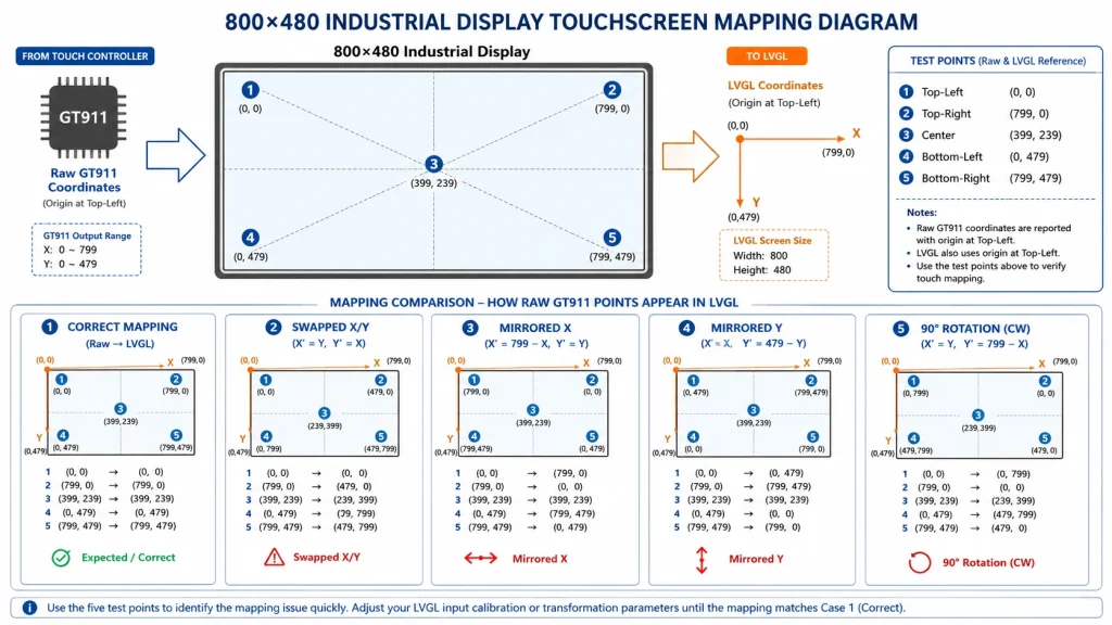 technical troubleshooting 800x480 industrial display five test points raw GT911 coordinate arrows Include examples