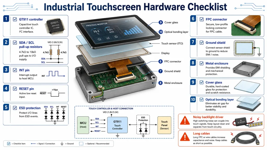 industrial touchscreen hardware checklist infographic GT911 controller SDA SCL pull up resistors INT pin