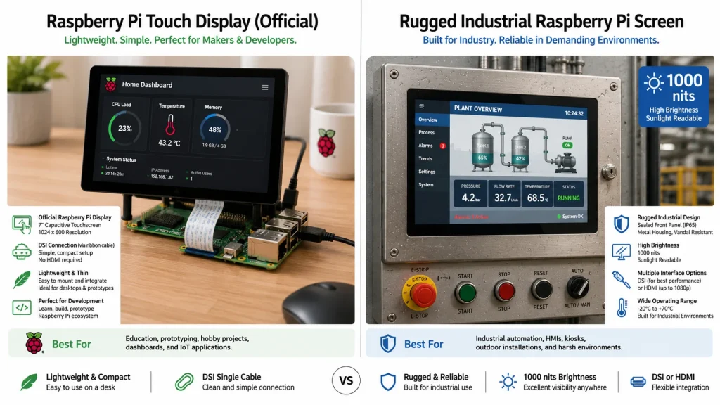 Official display vs industrial Raspberry Pi screen use cases