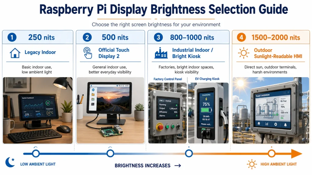 horizontal brightness tier infographic for Raspberry Pi display selection Zones 250 nits legacy indoor