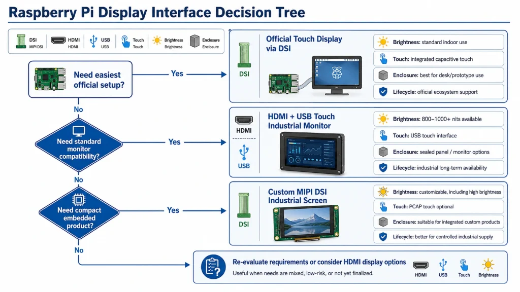 flowchart titled Raspberry Pi Display Interface Decision Tree Start Need easiest official setup yes
