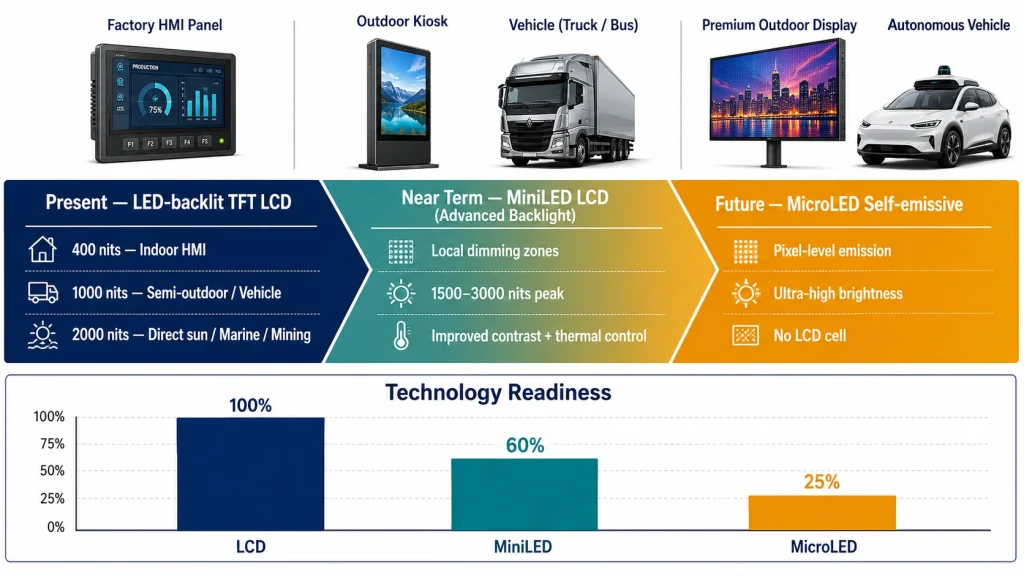 High-brightness industrial display roadmap from LED-backlit LCD to MiniLED and MicroLED