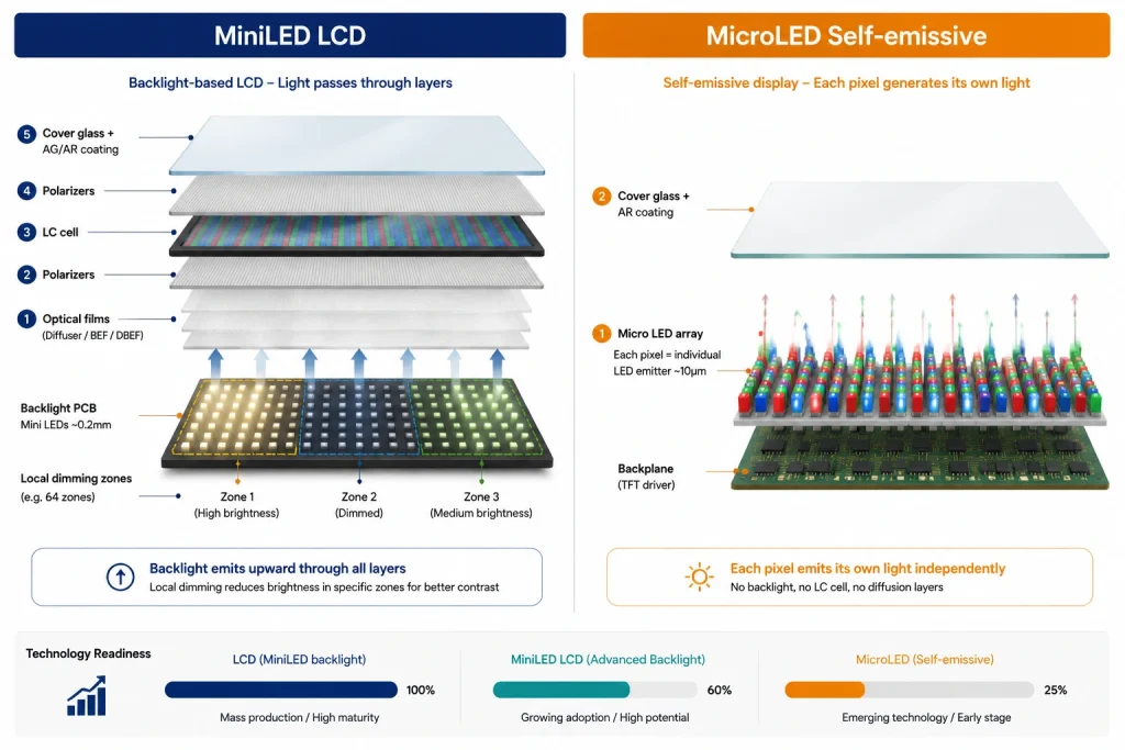 MiniLED LCD backlight and MicroLED self-emissive display cross-section comparison