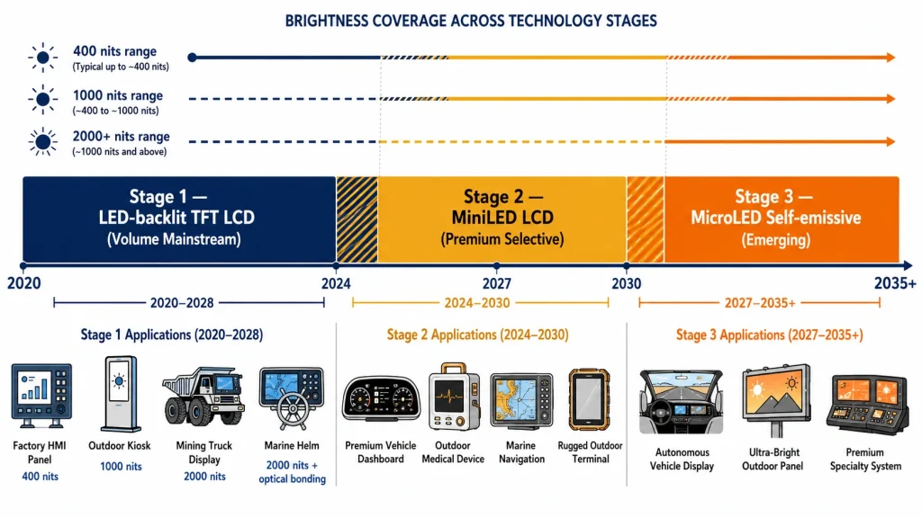Industrial display adoption timeline from LED-backlit LCD to MiniLED and MicroLED