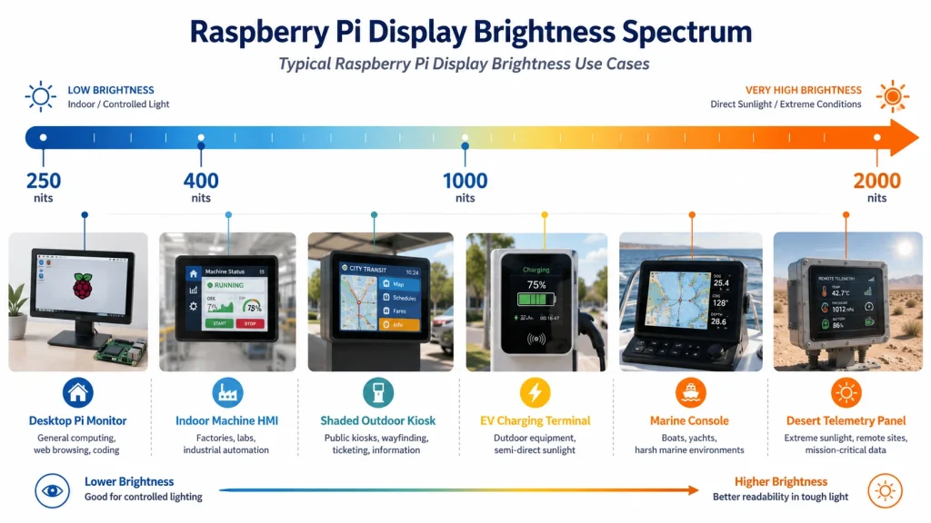 Brightness spectrum comparing 400 nits, 1000 nits, and 2000 nits Raspberry Pi industrial display applications.