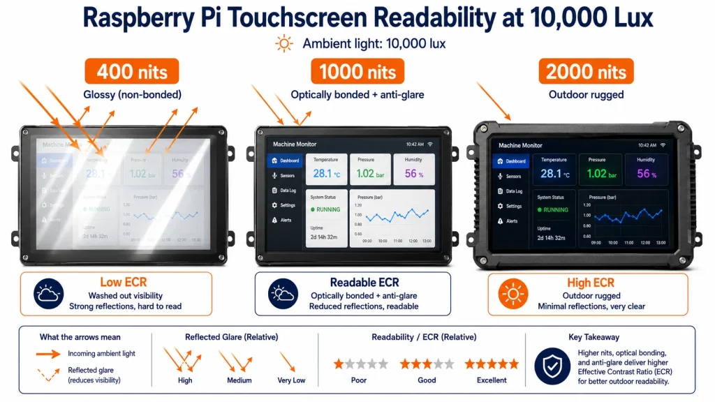  Effective contrast comparison of 400 nits, 1000 nits, and 2000 nits Raspberry Pi outdoor touchscreens.