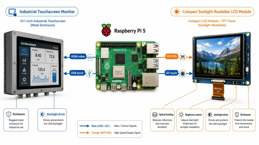 Raspberry Pi industrial display integration diagram comparing HDMI USB touch and MIPI DSI display routes.