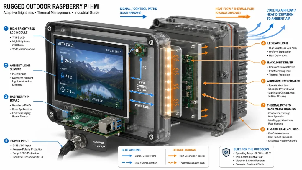 detailed engineering cutaway of sealed Raspberry Pi industrial kiosk Raspberry Pi board Compute Module