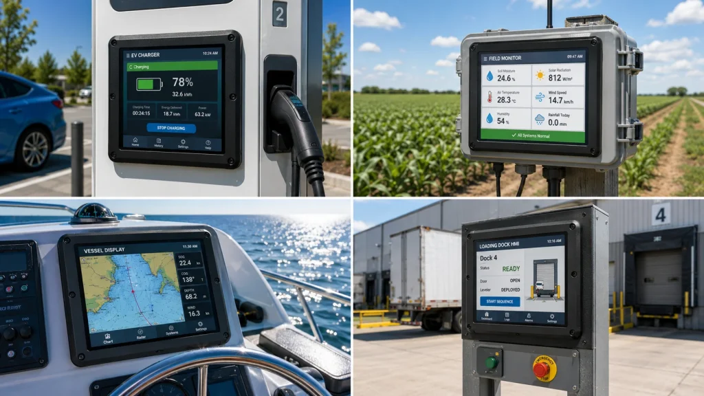  Outdoor Raspberry Pi HMI application collage with EV charging, agriculture, marine, and industrial touchscreen displays.